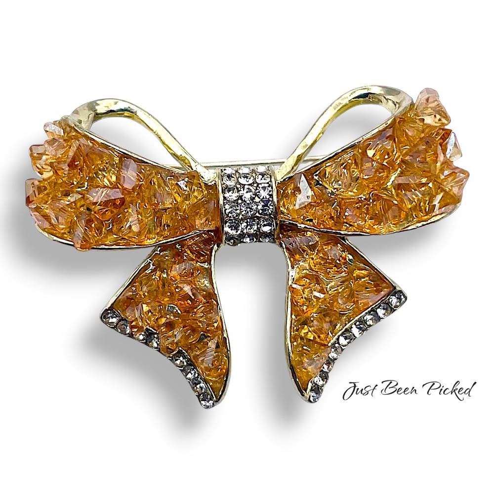 Champagne Rock Clear Rhinestone Vintage Bow Brooch 1.75 inch Unmarked‎